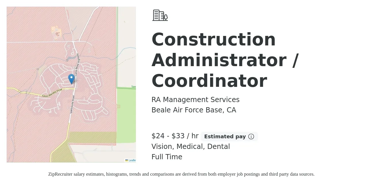 RA Management Services job posting for a Construction Administrator / Coordinator in Beale Air Force Base, CA with a salary of $25 to $35 Hourly and benefits including dental, medical, retirement, and vision with a map of Beale Air Force Base location.
