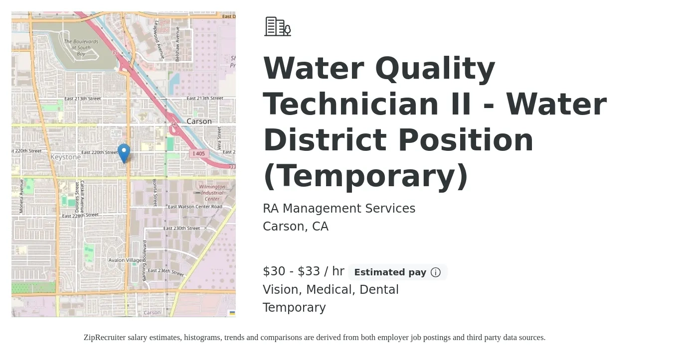 RA Management Services job posting for a Water Quality Technician II - Water District Position (Temporary) in Carson, CA with a salary of $32 to $35 Hourly and benefits including medical, vision, and dental with a map of Carson location.