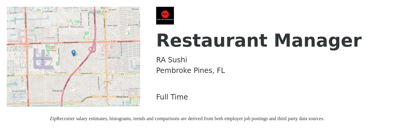 RA Sushi job posting for a Restaurant Manager in Pembroke Pines, FL with a salary of $41,800 to $58,900 Yearly with a map of Pembroke Pines location.