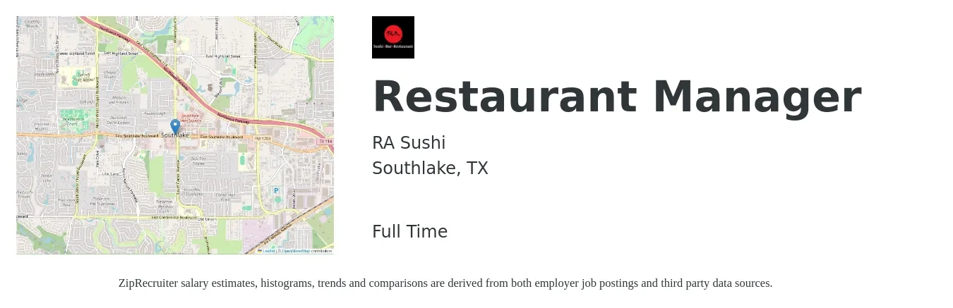 RA Sushi job posting for a Restaurant Manager in Southlake, TX with a salary of $42,400 to $59,800 Yearly with a map of Southlake location.
