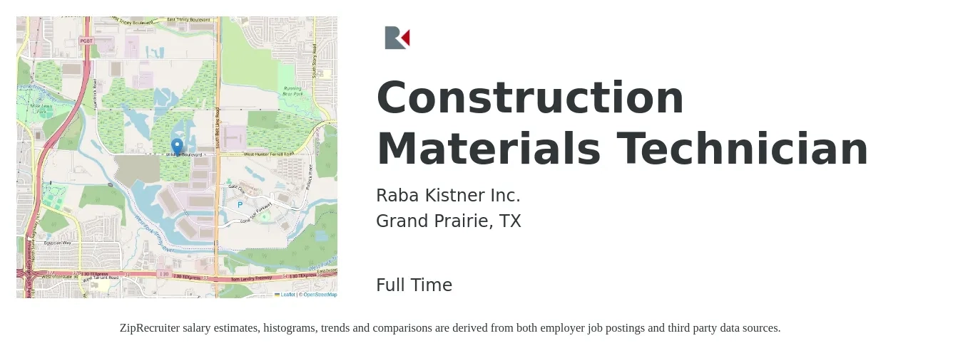 Raba Kistner Inc. job posting for a Construction Materials Technician in Grand Prairie, TX with a salary of $16 to $22 Hourly with a map of Grand Prairie location.