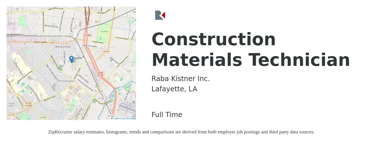 Raba Kistner Inc. job posting for a Construction Materials Technician in Lafayette, LA with a salary of $14 to $20 Hourly with a map of Lafayette location.