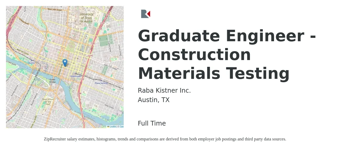 Raba Kistner Inc. job posting for a Graduate Engineer - Construction Materials Testing in Austin, TX with a salary of $83,300 to $115,500 Yearly with a map of Austin location.