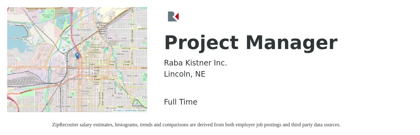 Raba Kistner Inc. job posting for a Project Manager in Lincoln, NE with a salary of $68,800 to $107,800 Yearly with a map of Lincoln location.
