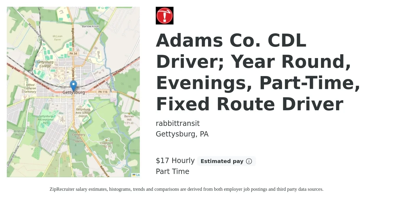 rabbittransit job posting for a Adams Co. CDL Driver; Year Round, Evenings, Part-Time, Fixed Route Driver in Gettysburg, PA with a salary of $18 Hourly with a map of Gettysburg location.