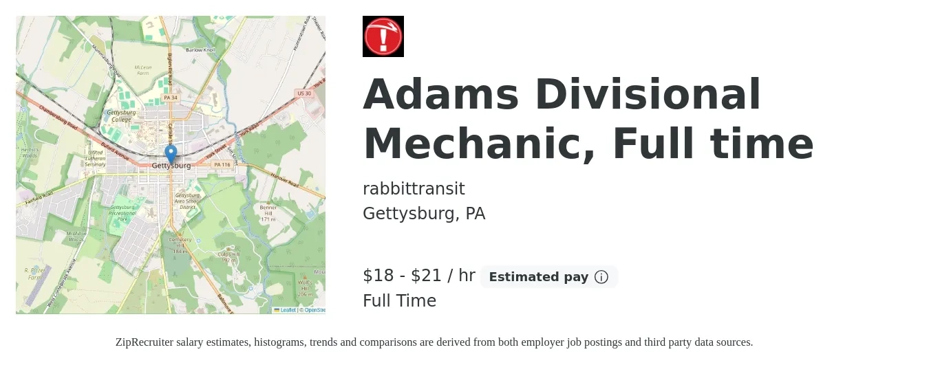 rabbittransit job posting for a Adams Divisional Mechanic, Full time in Gettysburg, PA with a salary of $19 to $22 Hourly with a map of Gettysburg location.