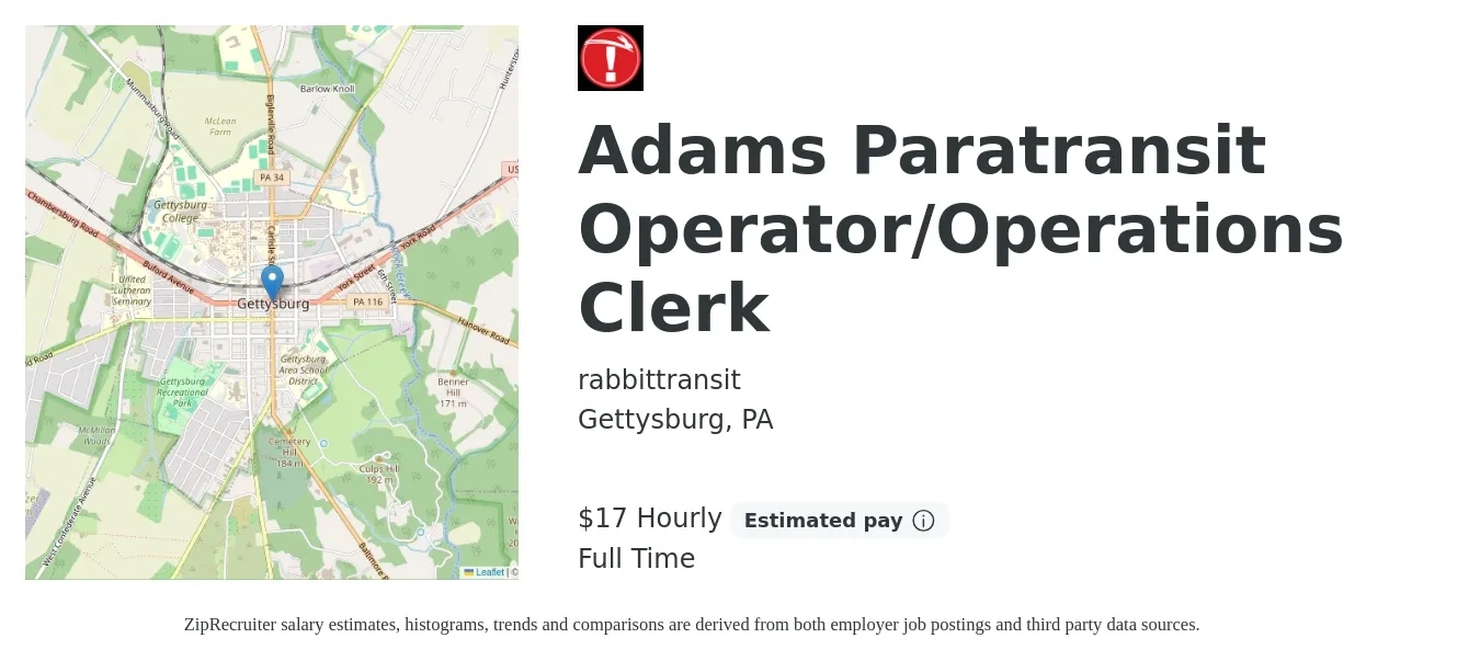 rabbittransit job posting for a Adams Paratransit Operator/Operations Clerk in Gettysburg, PA with a salary of $18 to $22 Hourly with a map of Gettysburg location.