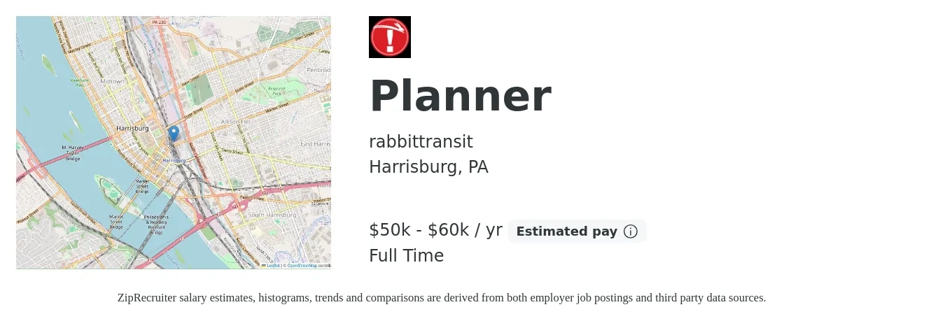 rabbittransit job posting for a Planner in Harrisburg, PA with a salary of $50,000 to $60,000 Yearly with a map of Harrisburg location.