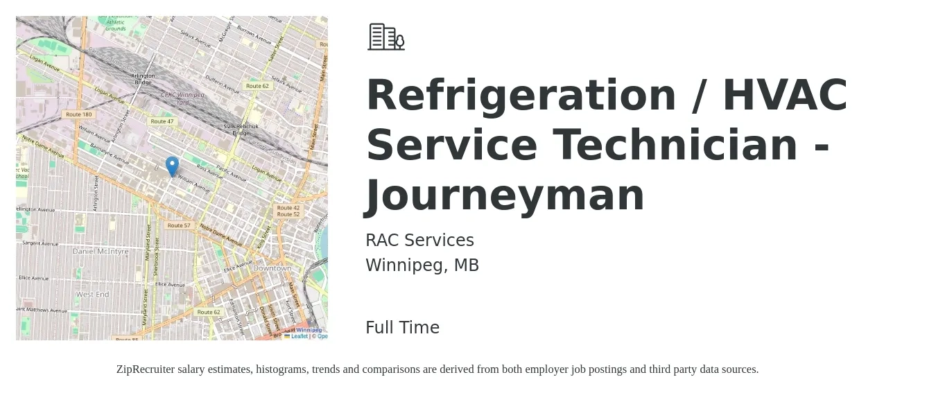 RAC Services job posting for a Refrigeration / HVAC Service Technician - Journeyman in Winnipeg, MB with a salary of $100,000 to $120,000 Yearly with a map of Winnipeg location.