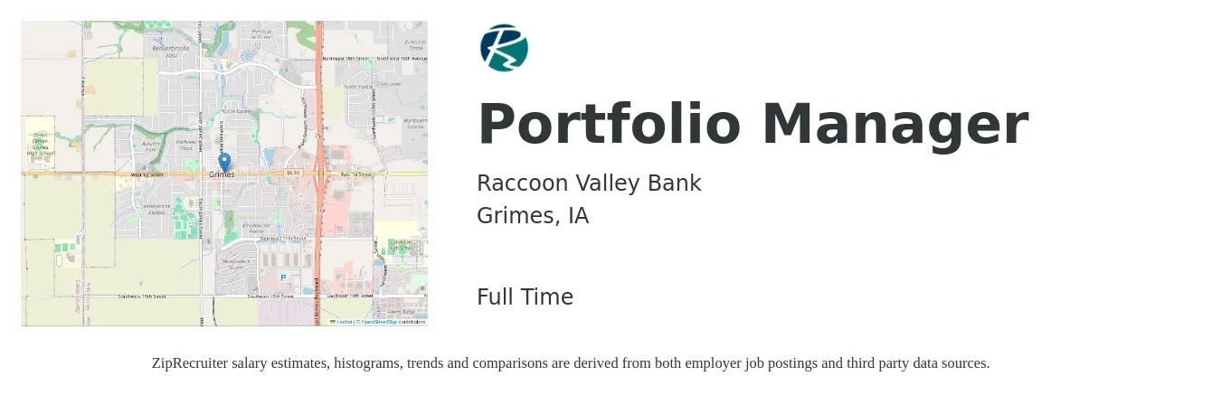 Raccoon Valley Bank job posting for a Portfolio Manager in Grimes, IA with a salary of $64,600 to $128,100 Yearly with a map of Grimes location.