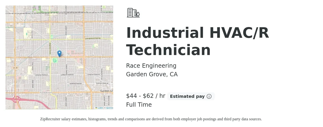 Race Engineering job posting for a Industrial HVAC/R Technician in Garden Grove, CA with a salary of $47 to $65 Hourly with a map of Garden Grove location.