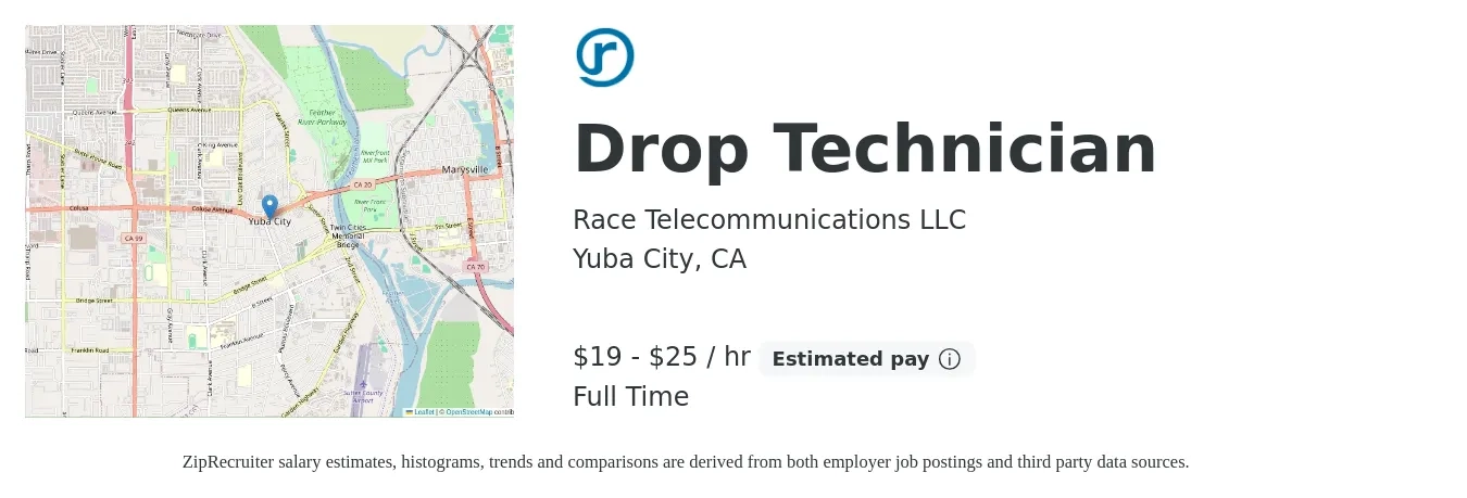 Race Telecommunications LLC job posting for a Drop Technician in Yuba City, CA with a salary of $20 to $26 Hourly with a map of Yuba City location.