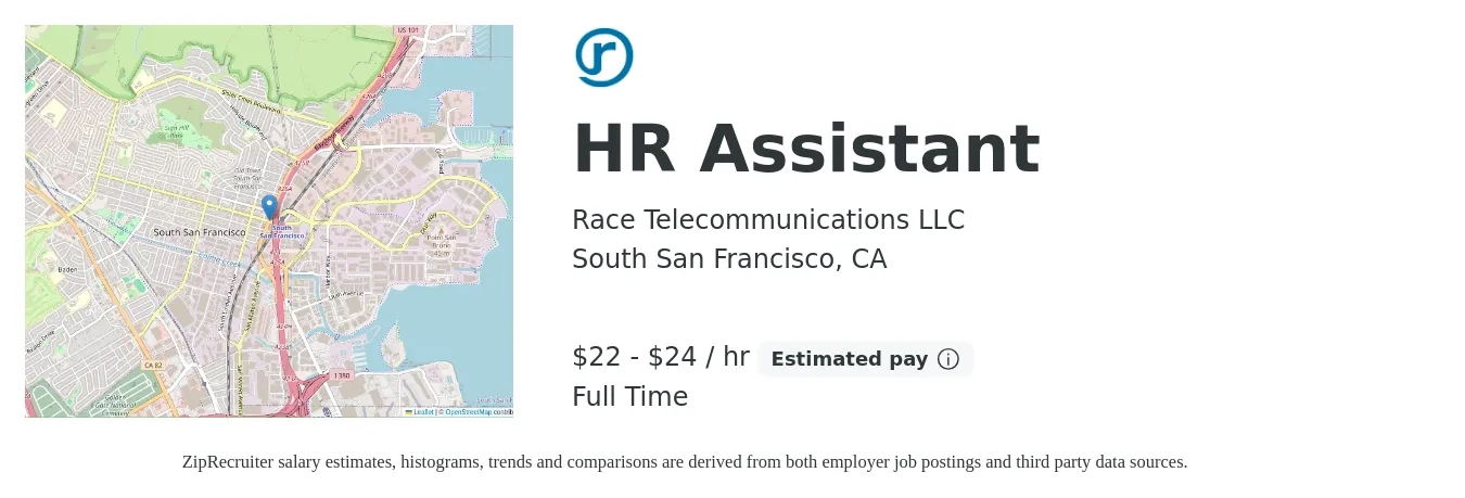 Race Telecommunications LLC job posting for a HR Assistant in South San Francisco, CA with a salary of $23 to $26 Hourly with a map of South San Francisco location.