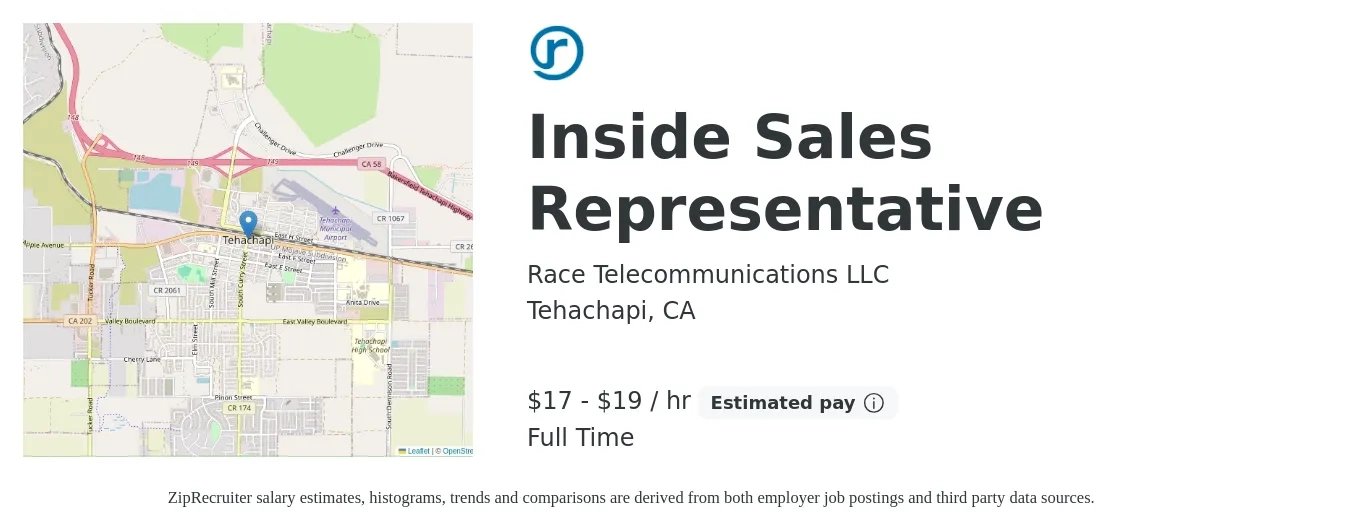 Race Telecommunications LLC job posting for a Inside Sales Representative in Tehachapi, CA with a salary of $18 to $20 Hourly with a map of Tehachapi location.