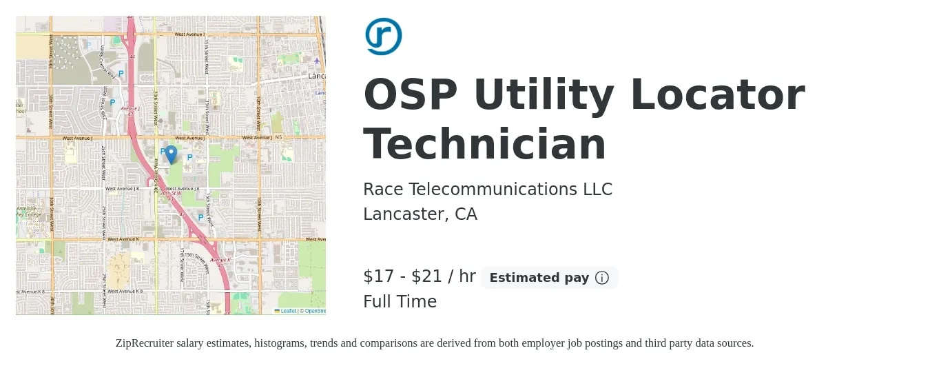 Race Telecommunications LLC job posting for a OSP Utility Locator Technician in Lancaster, CA with a salary of $18 to $22 Hourly with a map of Lancaster location.