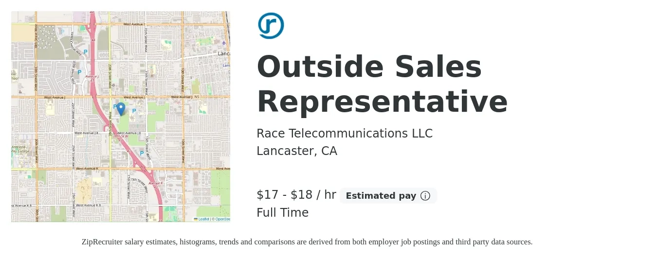 Race Telecommunications LLC job posting for a Outside Sales Representative in Lancaster, CA with a salary of $18 to $19 Hourly with a map of Lancaster location.