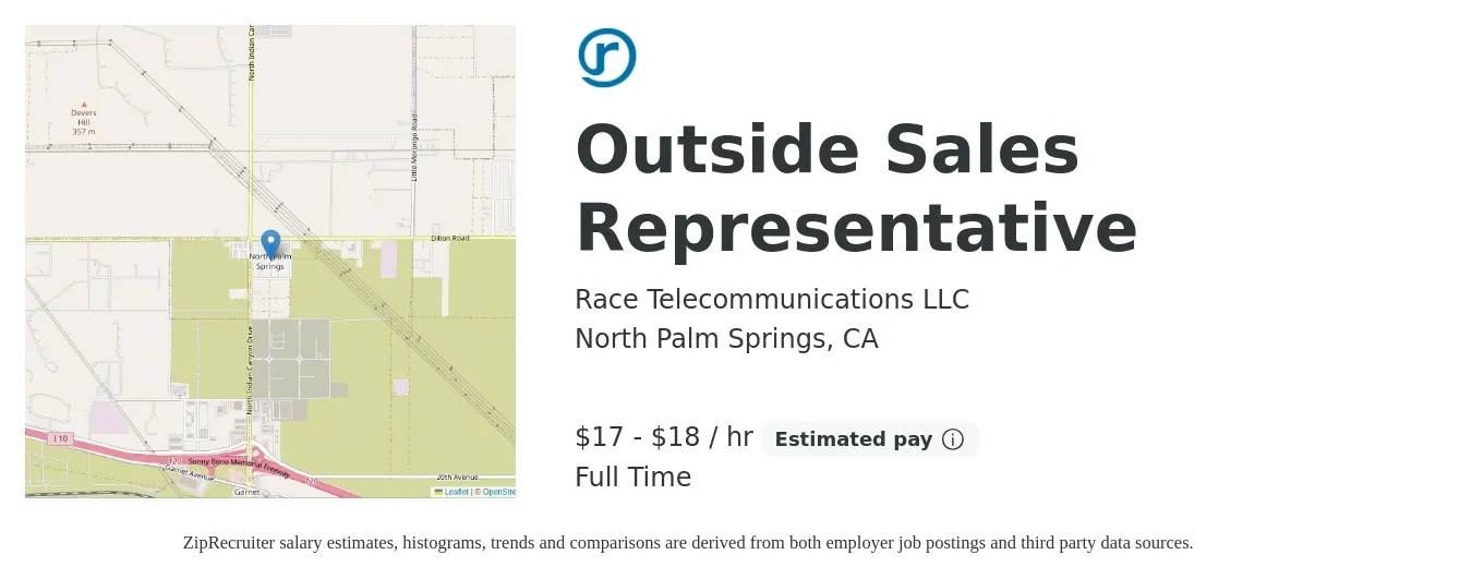 Race Telecommunications LLC job posting for a Outside Sales Representative in North Palm Springs, CA with a salary of $18 to $19 Hourly with a map of North Palm Springs location.