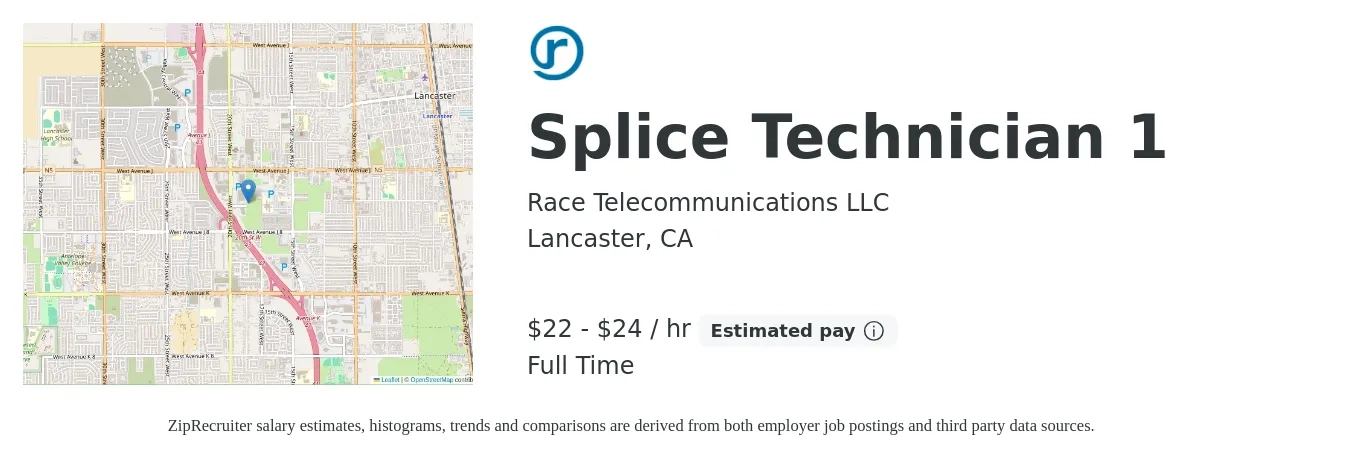 Race Telecommunications LLC job posting for a Splice Technician 1 in Lancaster, CA with a salary of $23 to $25 Hourly with a map of Lancaster location.