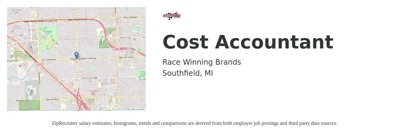 Race Winning Brands job posting for a Cost Accountant in Southfield, MI with a salary of $60,500 to $80,800 Yearly with a map of Southfield location.