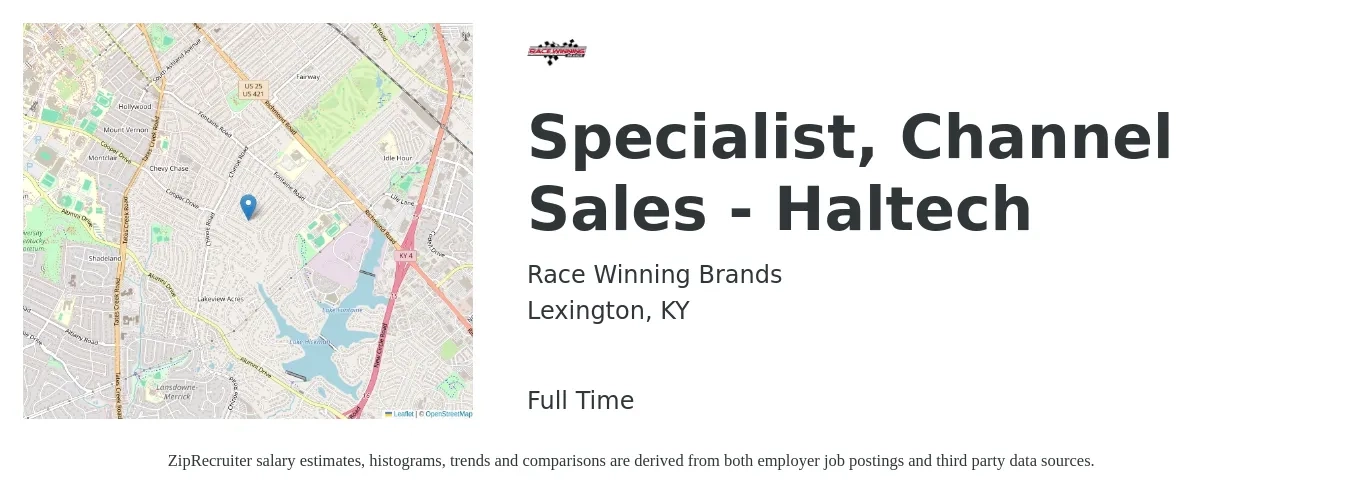 Race Winning Brands job posting for a Specialist, Channel Sales - Haltech in Lexington, KY with a salary of $40,400 to $67,200 Yearly with a map of Lexington location.
