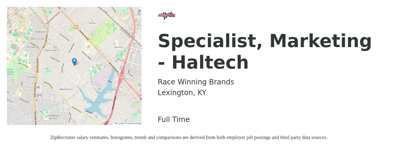 Race Winning Brands job posting for a Specialist, Marketing - Haltech in Lexington, KY with a salary of $41,700 to $61,500 Yearly with a map of Lexington location.