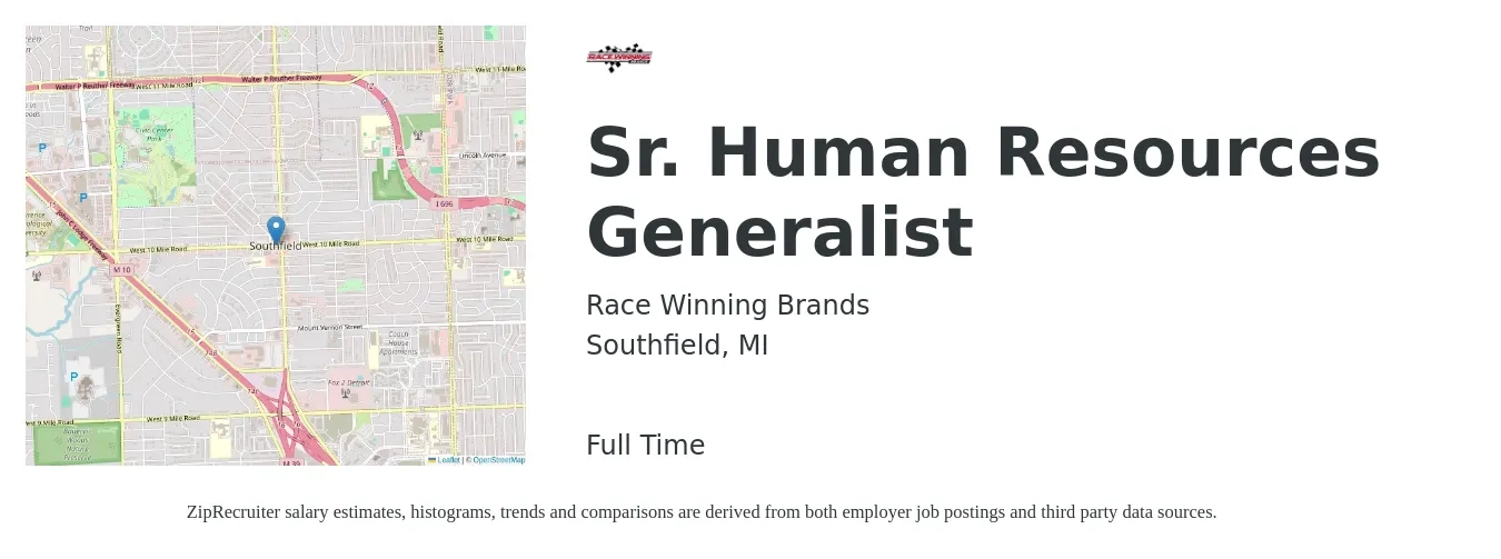 Race Winning Brands job posting for a Sr. Human Resources Generalist in Southfield, MI with a salary of $63,700 to $82,200 Yearly with a map of Southfield location.