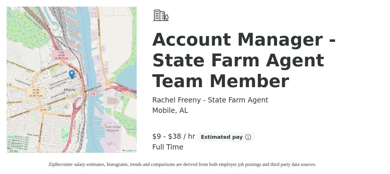 Rachel Freeny - State Farm Agent job posting for a Account Manager - State Farm Agent Team Member in Mobile, AL with a salary of $30,000 to $65,000 Yearly with a map of Mobile location.