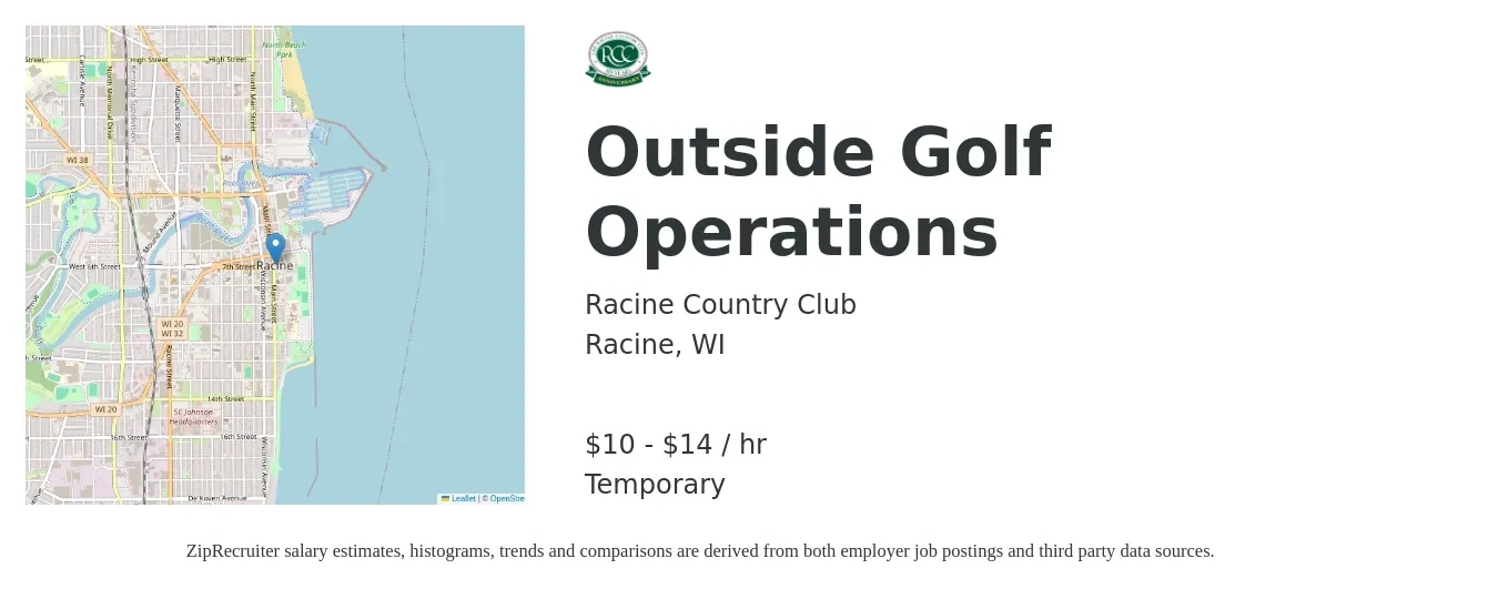 Racine Country Club job posting for a Outside Golf Operations in Racine, WI with a salary of $11 to $15 Hourly with a map of Racine location.