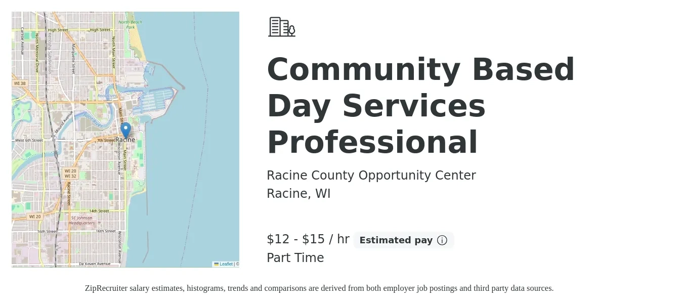 Racine County Opportunity Center job posting for a Community Based Day Services Professional in Racine, WI with a salary of $13 to $16 Hourly with a map of Racine location.