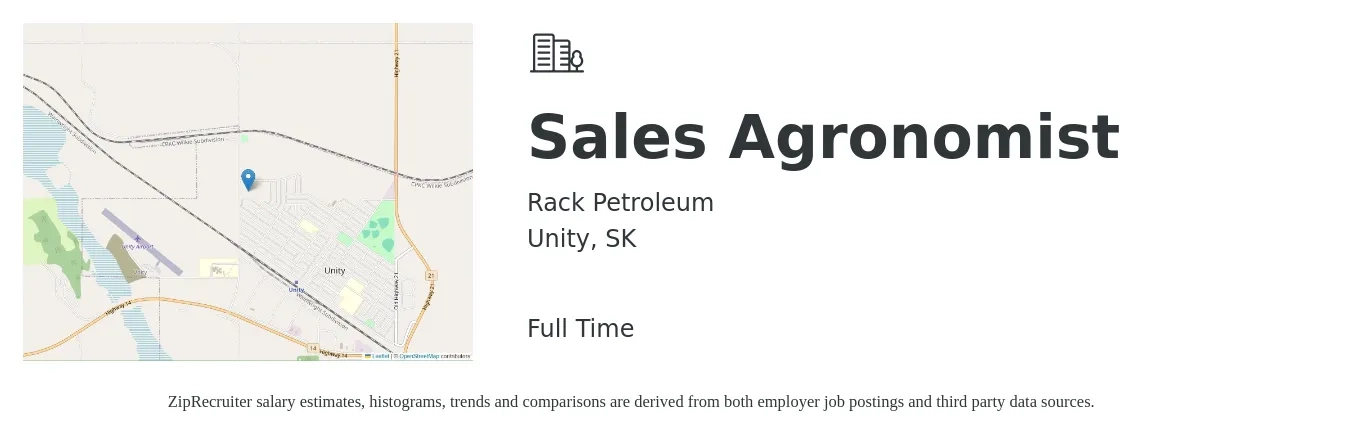 Rack Petroleum job posting for a Sales Agronomist in Unity, SK with a map of Unity location.