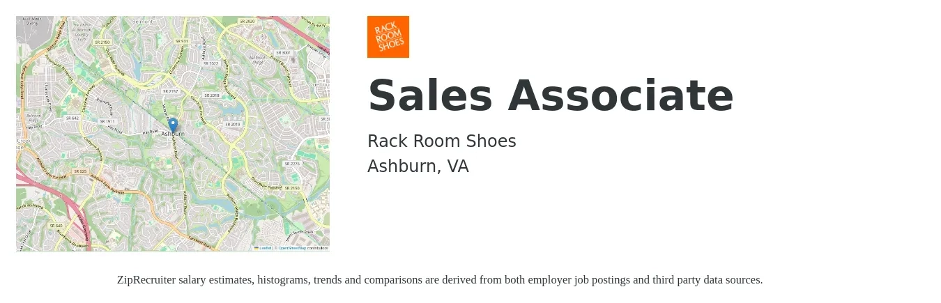 Rack Room Shoes job posting for a Sales Associate in Ashburn, VA with a salary of $14 to $20 Hourly with a map of Ashburn location.