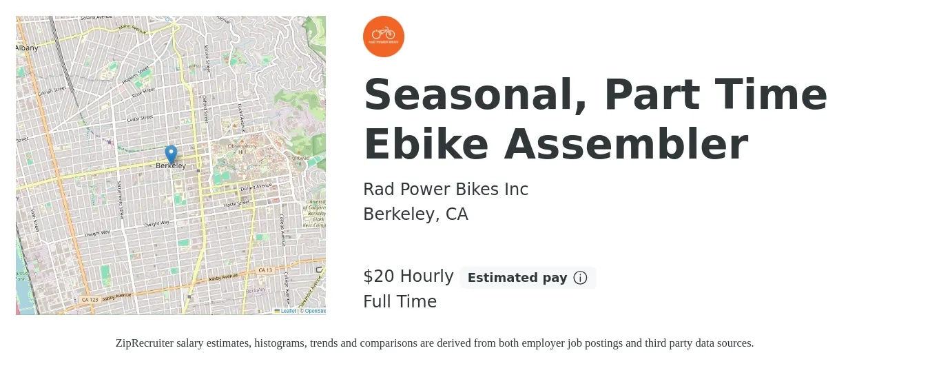 Rad Power Bikes Inc job posting for a Seasonal, Part Time Ebike Assembler in Berkeley, CA with a salary of $21 Hourly with a map of Berkeley location.