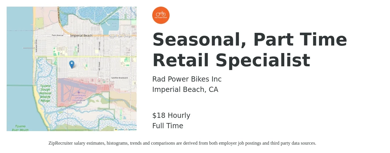 Rad Power Bikes Inc job posting for a Seasonal, Part Time Retail Specialist in Imperial Beach, CA with a salary of $18 Hourly with a map of Imperial Beach location.