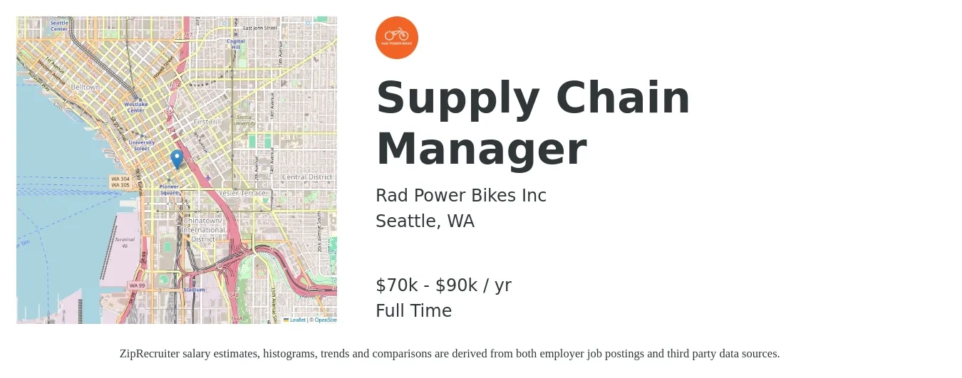 Rad Power Bikes Inc job posting for a Supply Chain Manager in Seattle, WA with a salary of $70,000 to $90,000 Yearly with a map of Seattle location.