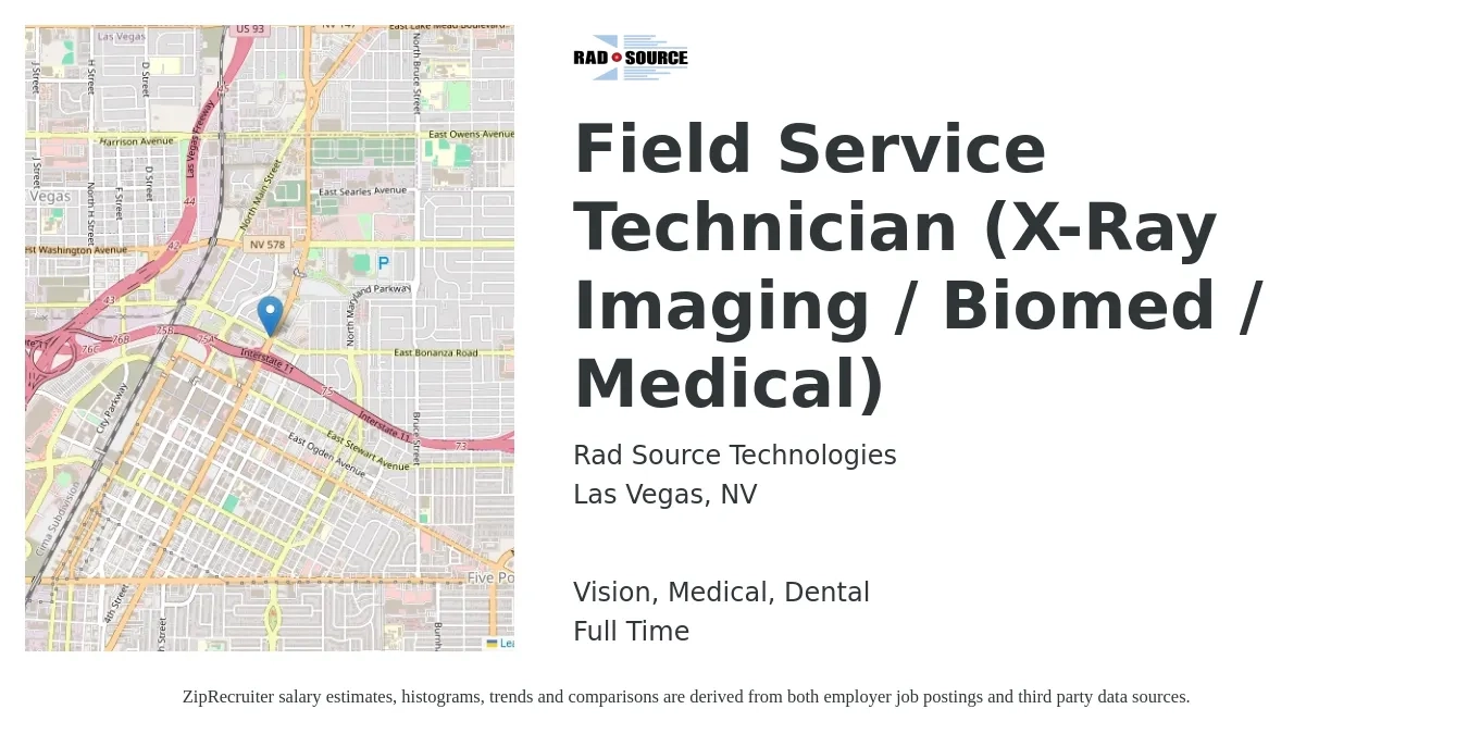Rad Source Technologies job posting for a Field Service Technician (X-Ray Imaging / Biomed / Medical) in Las Vegas, NV with a salary of $19 to $28 Hourly and benefits including dental, life_insurance, medical, retirement, and vision with a map of Las Vegas location.