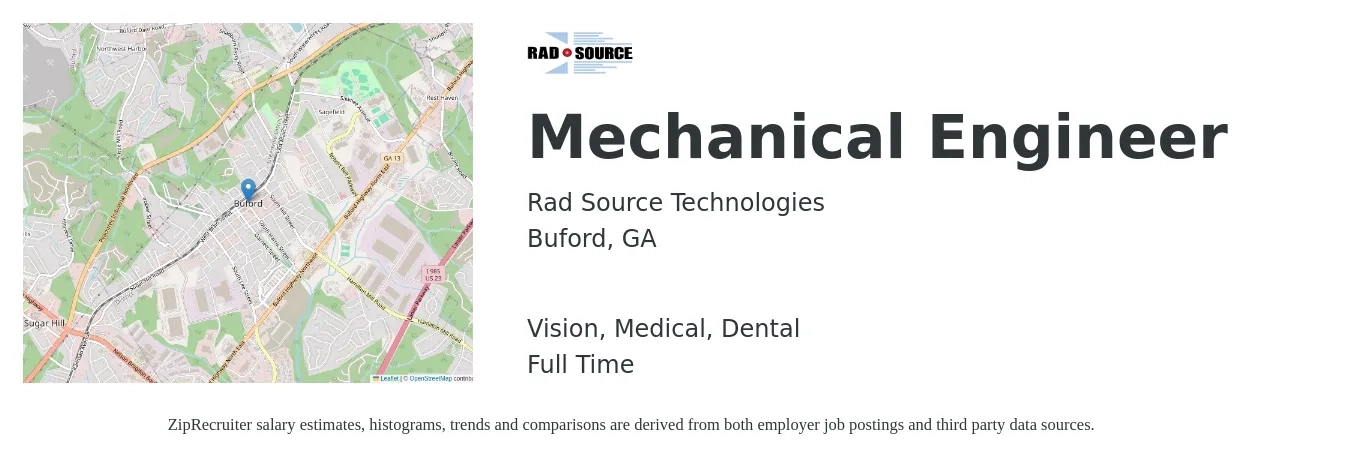 Rad Source Technologies job posting for a Mechanical Engineer in Buford, GA with a salary of $74,300 to $115,300 Yearly and benefits including dental, life_insurance, medical, pto, retirement, and vision with a map of Buford location.