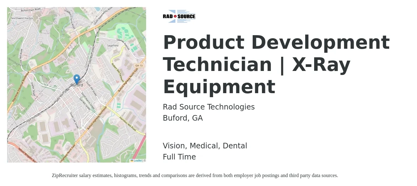 Rad Source Technologies job posting for a Product Development Technician | X-Ray Equipment in Buford, GA with a salary of $18 to $27 Hourly and benefits including dental, life_insurance, medical, pto, retirement, and vision with a map of Buford location.