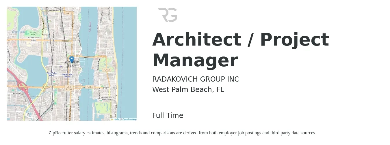 RADAKOVICH GROUP INC job posting for a Architect / Project Manager in West Palm Beach, FL with a salary of $77,400 to $103,500 Yearly and benefits including retirement with a map of West Palm Beach location.