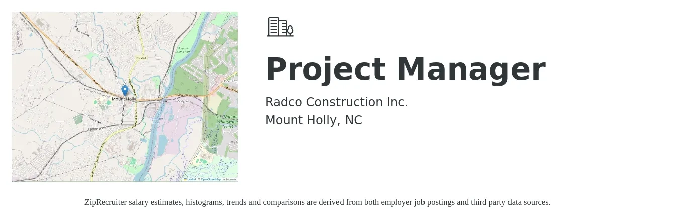 Radco Construction Inc. job posting for a Project Manager in Mount Holly, NC with a salary of $72,700 to $113,800 Yearly with a map of Mount Holly location.