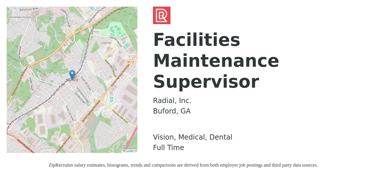 Radial job posting for a Facilities Maintenance Supervisor in Buford, GA with a salary of $52,400 to $83,900 Yearly and benefits including dental, life_insurance, medical, pto, retirement, and vision with a map of Buford location.