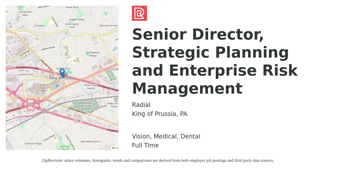 Radial job posting for a Senior Director, Strategic Planning and Enterprise Risk Management in King of Prussia, PA with a salary of $105,000 to $166,700 Yearly and benefits including dental, life_insurance, medical, pto, retirement, and vision with a map of King of Prussia location.
