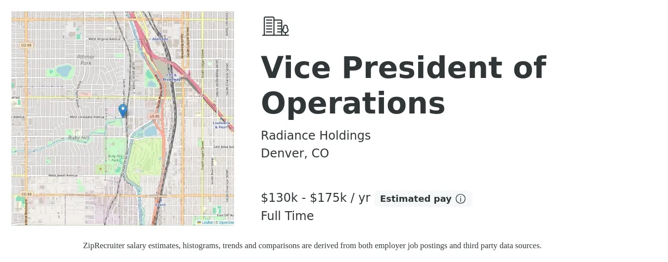 Radiance Holdings job posting for a Vice President of Operations in Denver, CO with a salary of $130,000 to $175,000 Yearly with a map of Denver location.