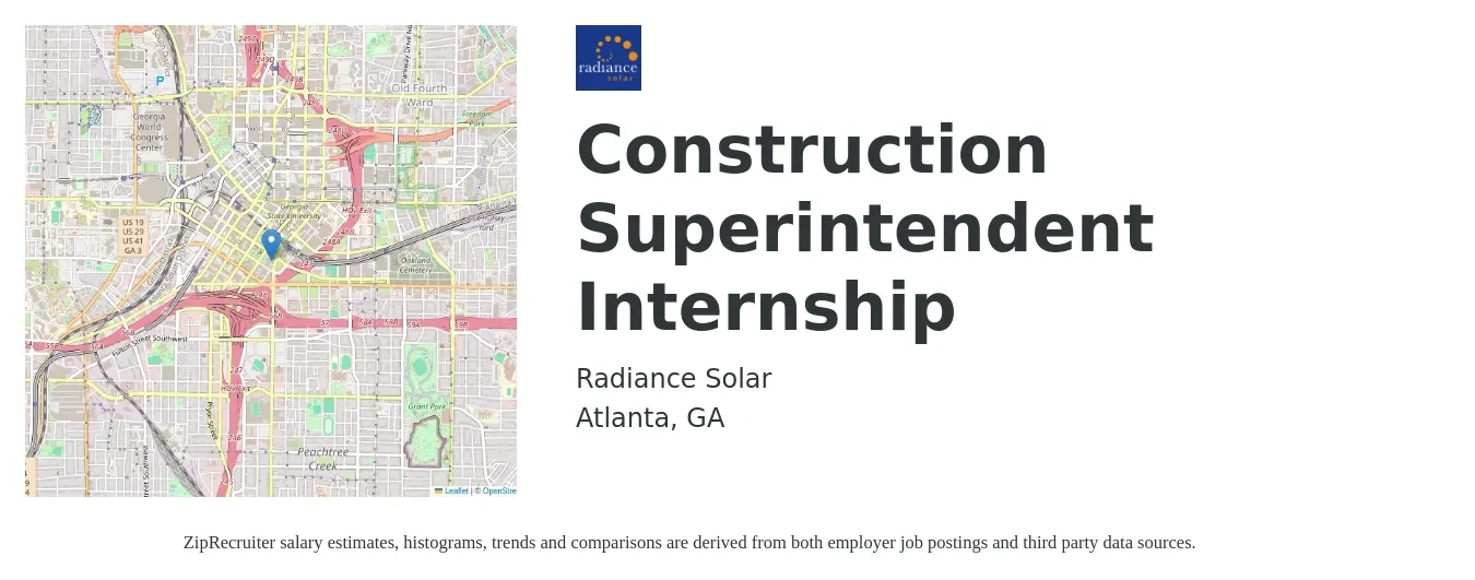 Radiance Solar job posting for a Construction Superintendent Internship in Atlanta, GA with a salary of $68,300 to $111,100 Yearly with a map of Atlanta location.
