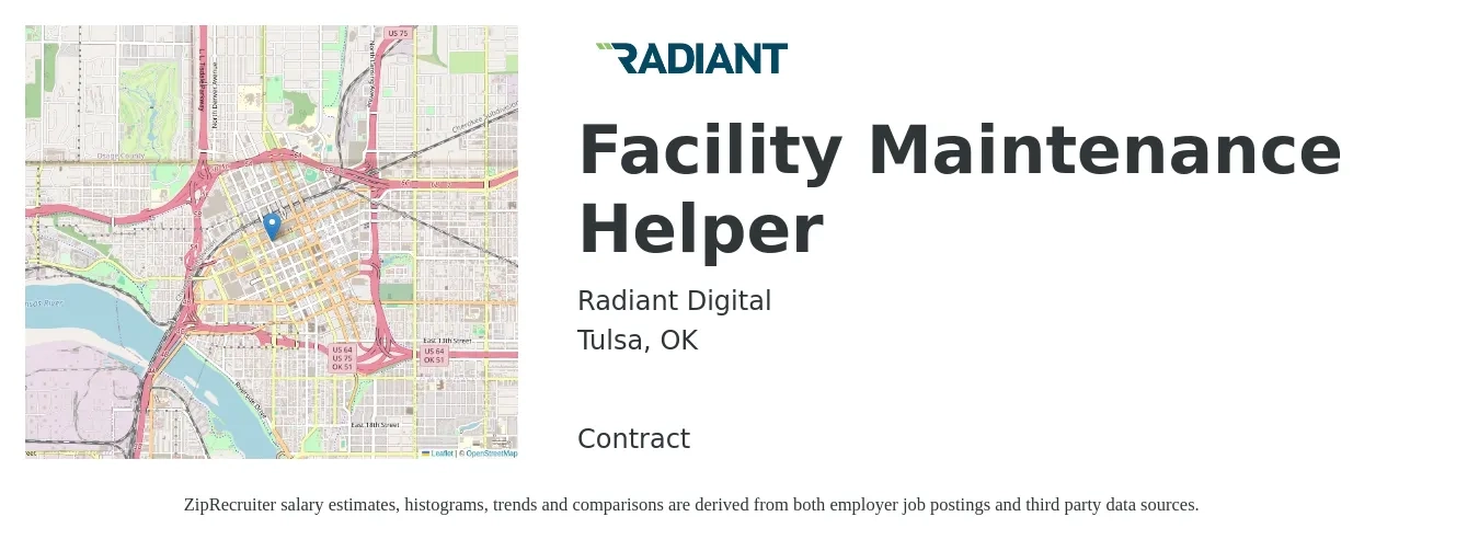 Radiant Digital job posting for a Facility Maintenance Helper in Tulsa, OK with a salary of $16 to $20 Hourly with a map of Tulsa location.