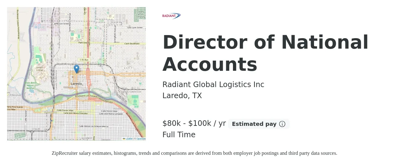 Radiant Global Logistics Inc job posting for a Director of National Accounts in Laredo, TX with a salary of $80,000 to $100,000 Yearly with a map of Laredo location.