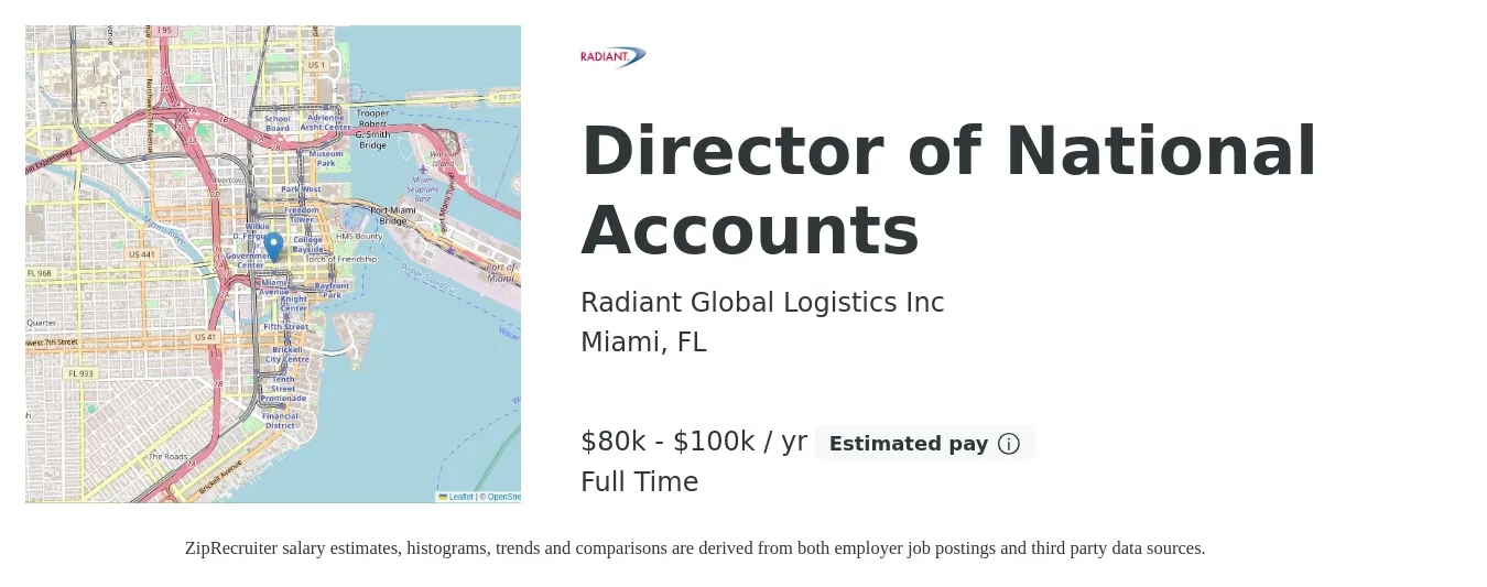 Radiant Global Logistics Inc job posting for a Director of National Accounts in Miami, FL with a salary of $80,000 to $100,000 Yearly with a map of Miami location.