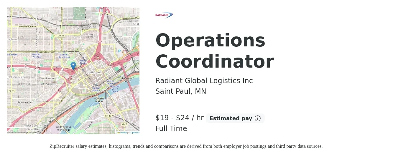 Radiant Global Logistics Inc job posting for a Operations Coordinator in Saint Paul, MN with a salary of $20 to $25 Hourly with a map of Saint Paul location.