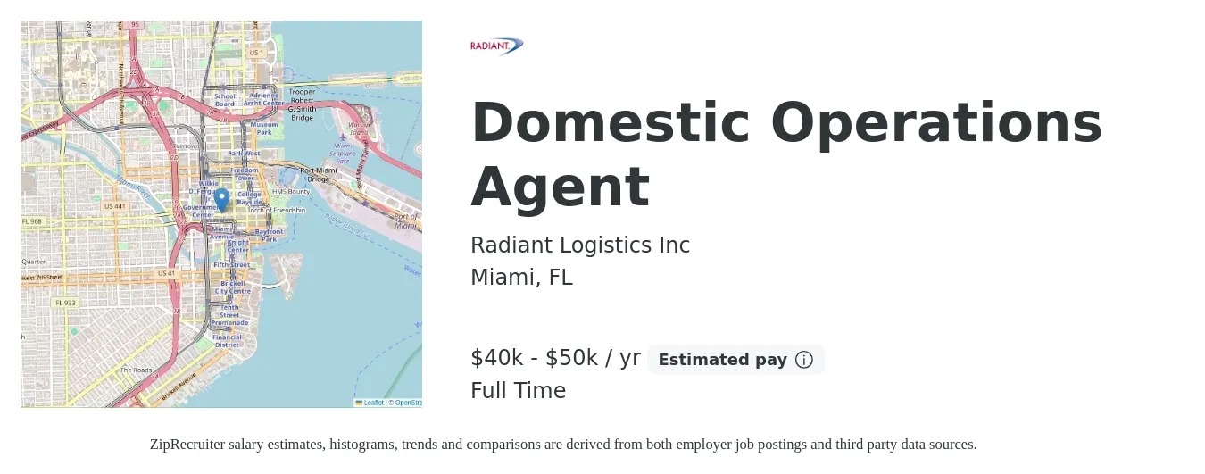 Radiant Logistics Inc job posting for a Domestic Operations Agent in Miami, FL with a salary of $40,000 to $50,000 Yearly with a map of Miami location.
