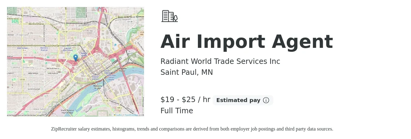 Radiant World Trade Services Inc job posting for a Air Import Agent in Saint Paul, MN with a salary of $20 to $26 Hourly with a map of Saint Paul location.