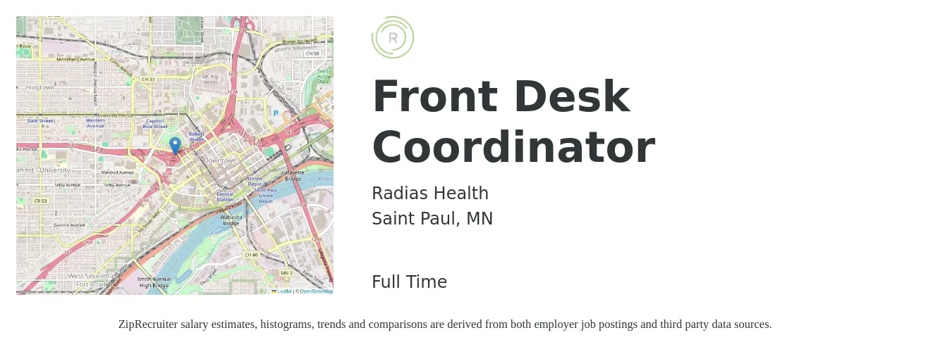 Radias Health job posting for a Front Desk Coordinator in Saint Paul, MN with a salary of $16 to $21 Hourly with a map of Saint Paul location.
